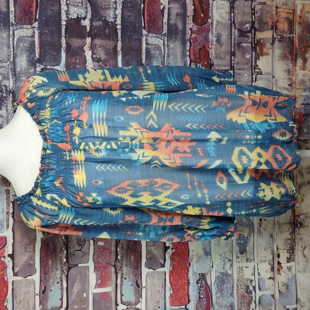 Chico's "Phoebe" Southwestern Print Chiffon Peasant Top
